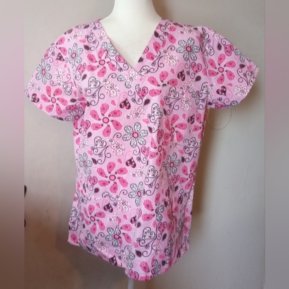 Just Love Pink Heart Scrub Top Healthcare Women's Size M